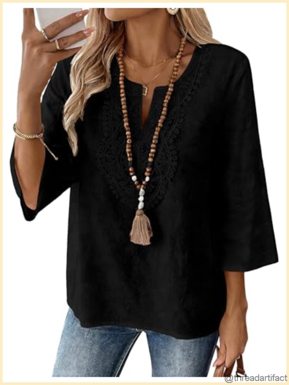 Womens Cotton Linen 3/4 Sleeve V-Neck Lace Tunic Top Loose Fit Casual Shirt